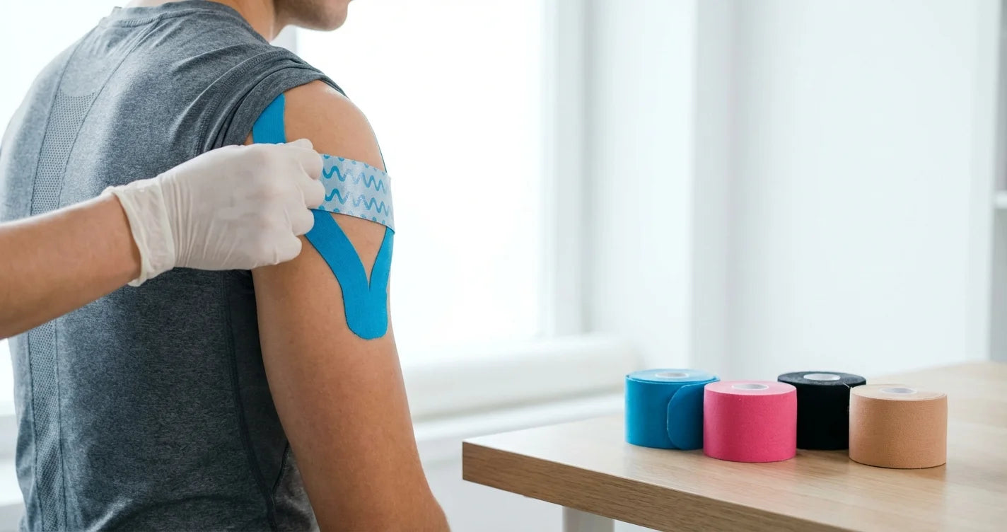 Tape kinesiologico Nasara de colores aplicado en tecnica de vendaje neuromuscular en hombro
