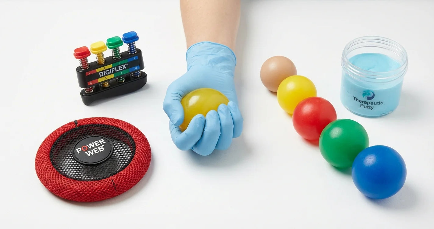 Ejercitadores de mano Digiflex, Power Web y pelotas de gel para rehabilitacion de dedos y muneca