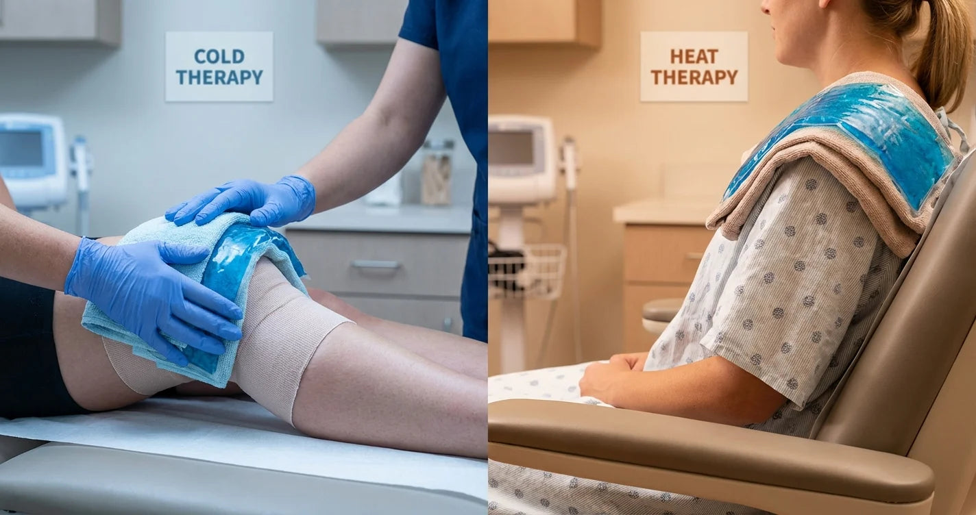 Compresa de gel reutilizable para terapia de frio y calor aplicada en rodilla lesionada