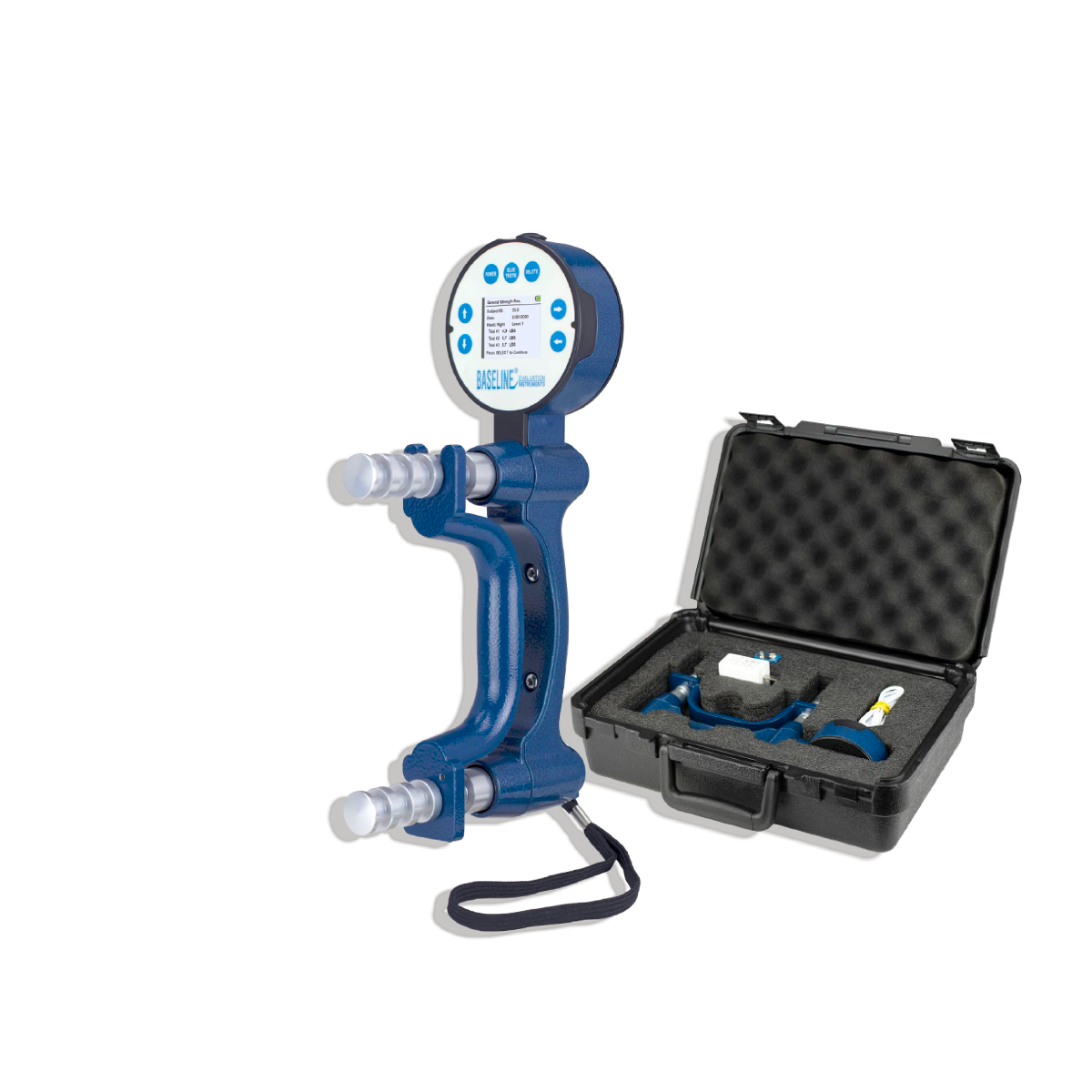 Dinamómetro digital Baseline azul con maletín, ideal para terapia de fuerza y rehabilitación kinésica. distribuidor mayorista, precios por mayor.