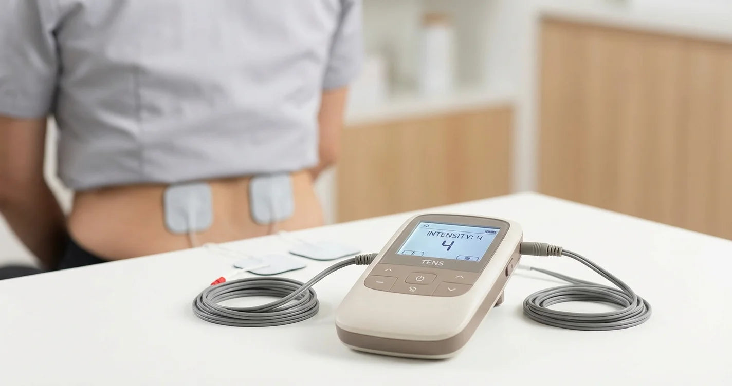 Electroestimulador TENS con electrodos colocados en la espalda de un paciente para alivio del dolor