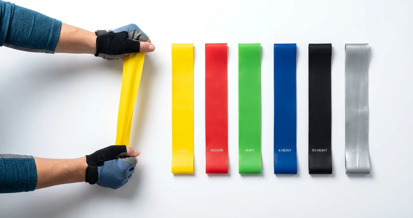 Bandas elasticas de rehabilitacion en diferentes colores ordenadas por resistencia de menor a mayor