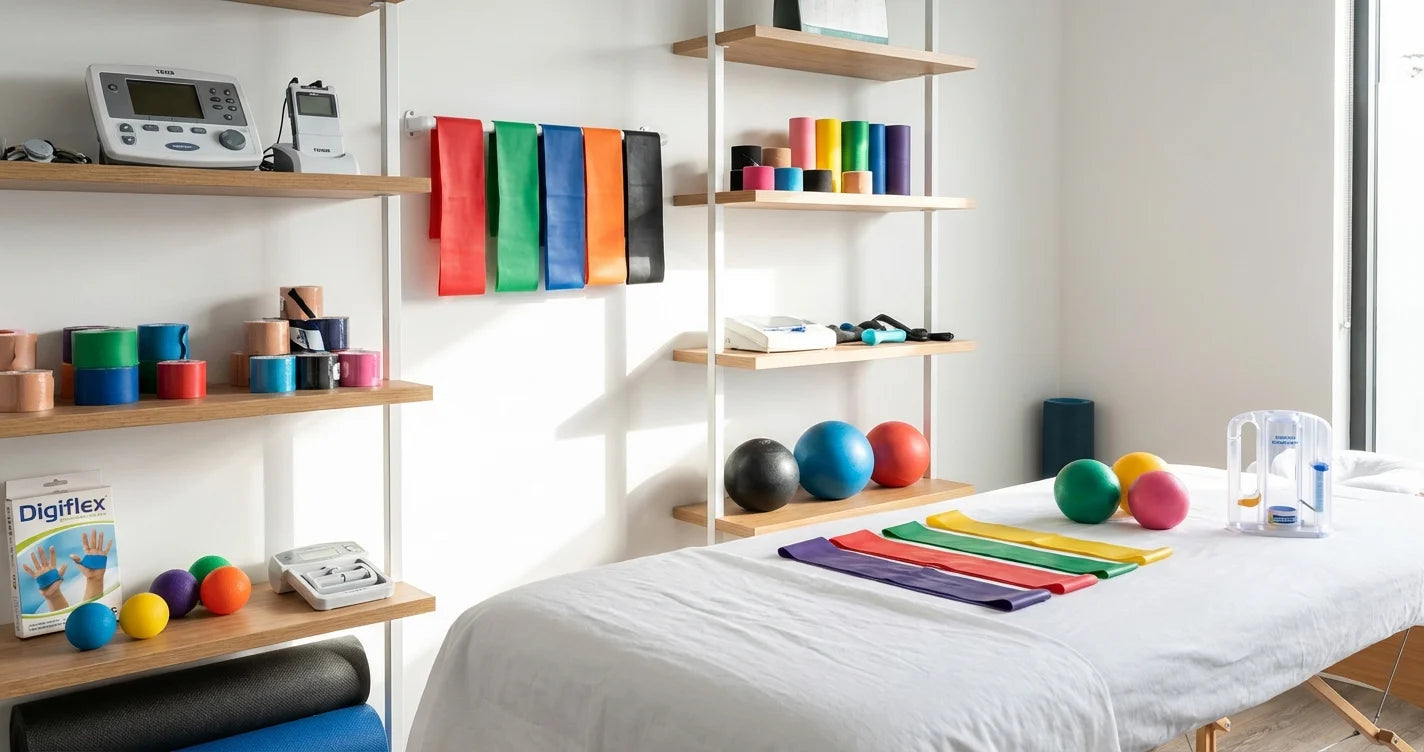 Equipamiento completo para consultorio de kinesiologia con electroestimulador, bandas elasticas y pelotas terapeuticas