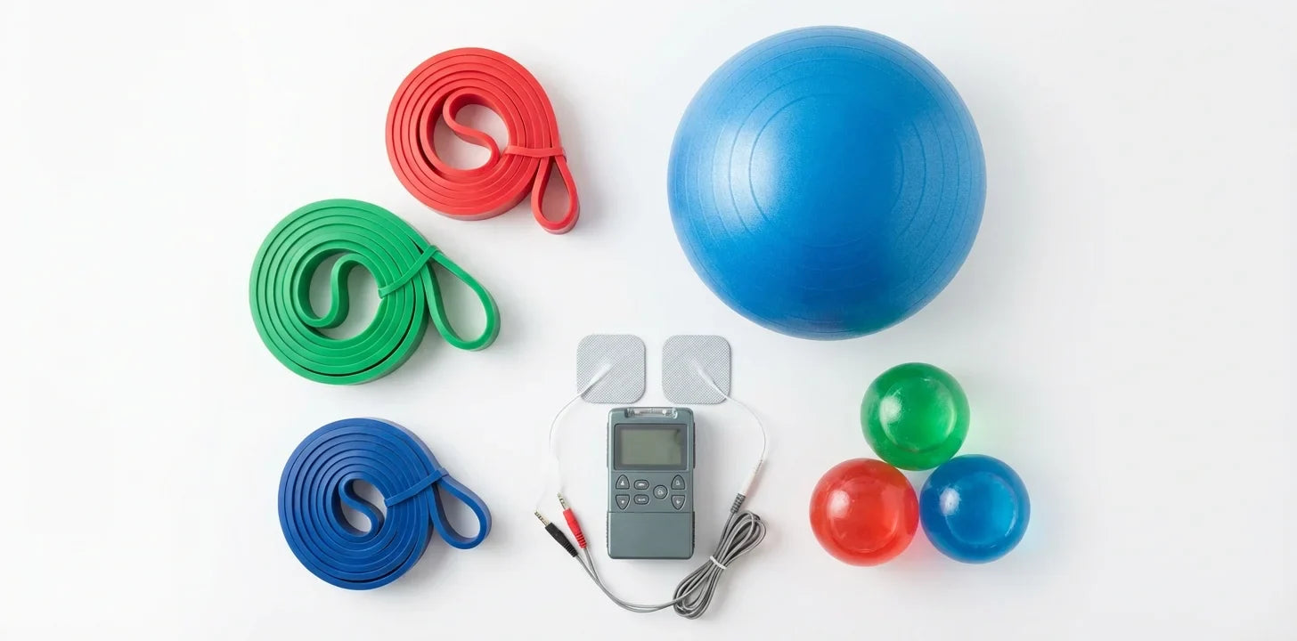 Equipos de rehabilitacion profesional: bandas elasticas, pelotas terapeuticas y electroestimulador